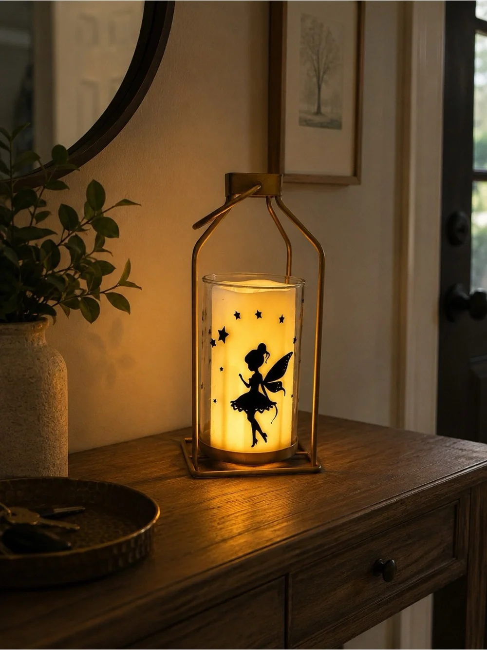 Gold Metal Lantern with Fairy Candle - Cream battery operated Candle